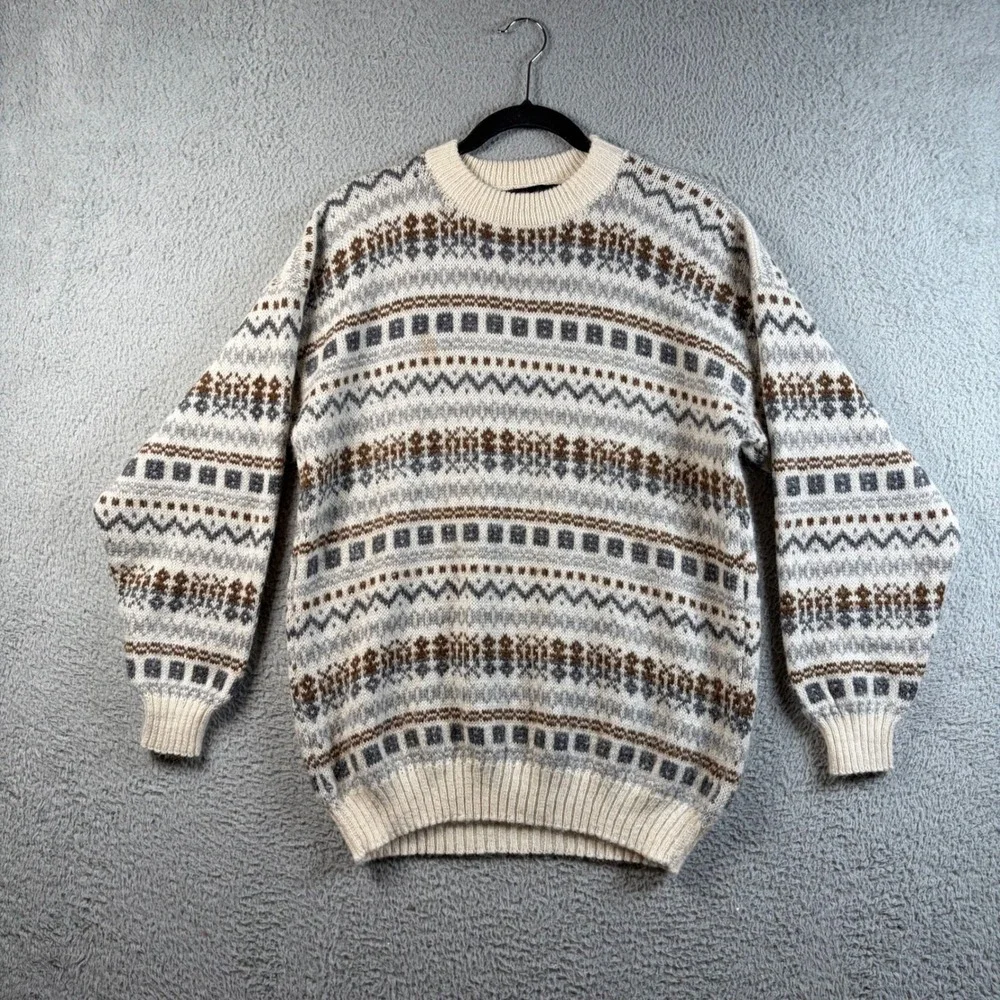 Chaska Wasi Mens Alpaca Wool Hand Knit Fair Isle Sweater Peru L Boho Cottagecore